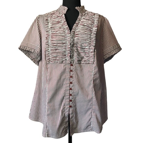 Lane Bryant Tops - Lane Bryant Ruffle Button Up Blouse Short Sleeve Red White Stripe Size 14/16
